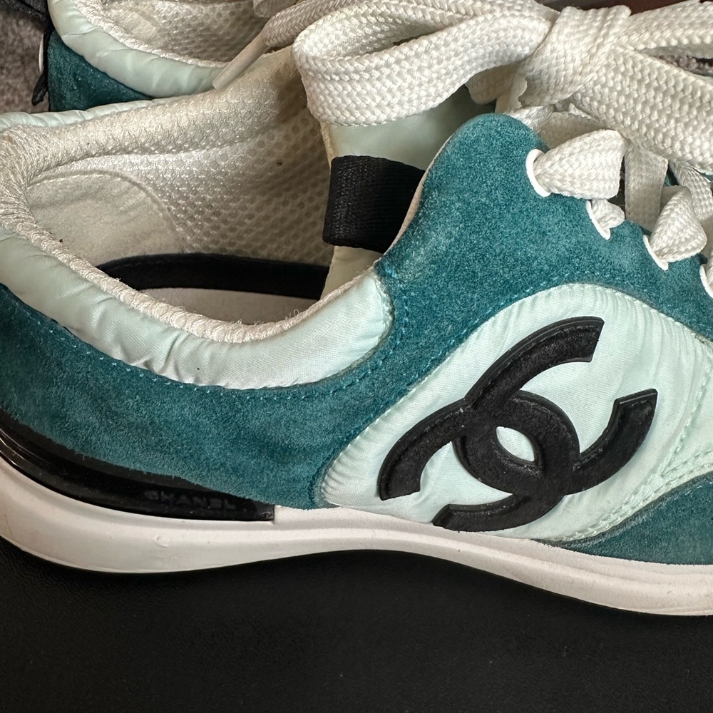 CHANEL Light Green Suede Nylon Sport Sneakers - Picture 4 of 9